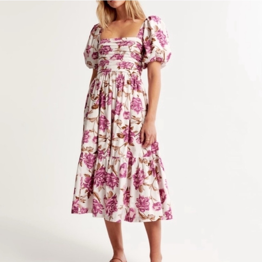 Abercrombie Emerson Floral Poplin Puff Sleeves Midi Dress